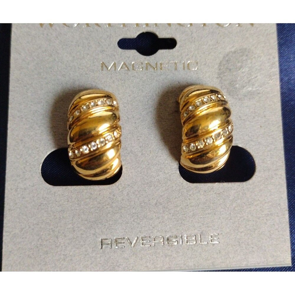 Gold tone reversible magnetic clip-on rhinestone accented hoop earrings